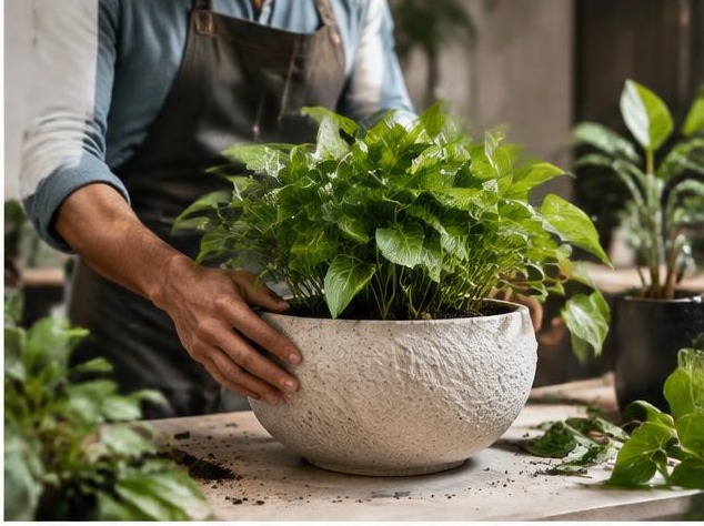 Arranging plants in a premium ceramic planter